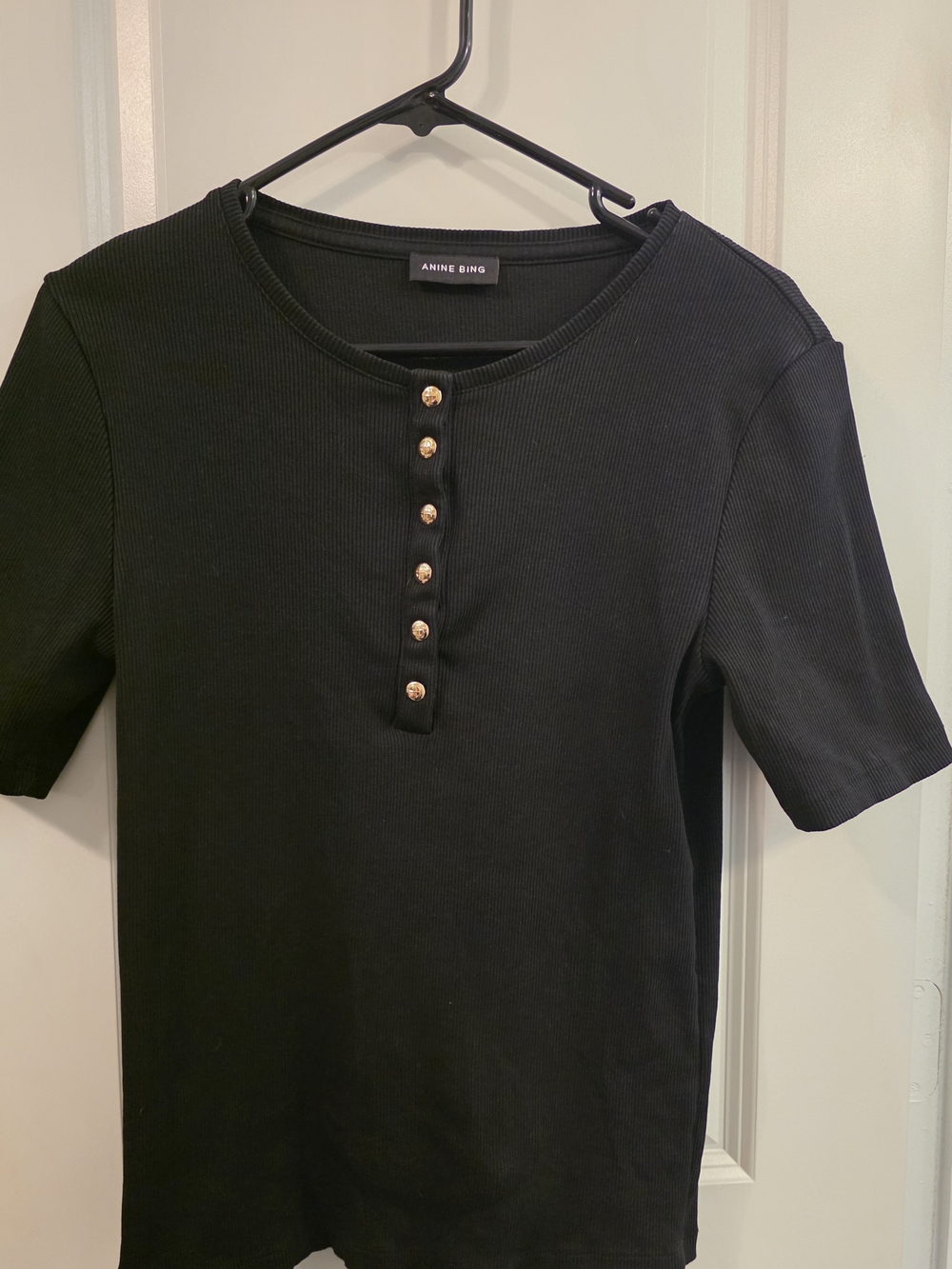 Anine Bing Black Ribbed Tee with Gold Buttons
